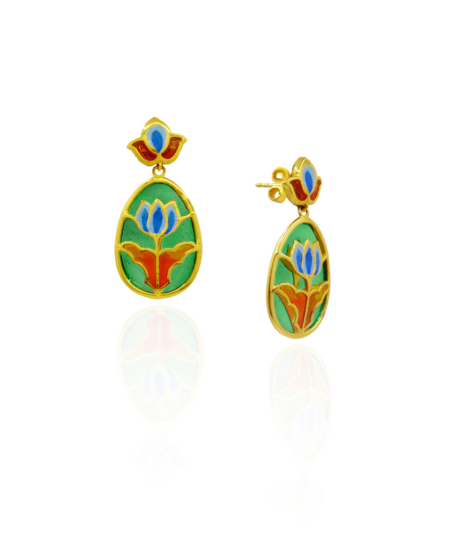 Aks Lotus Handmade Drop Earrings-Green and Orange Meenakari Flower Jewellery