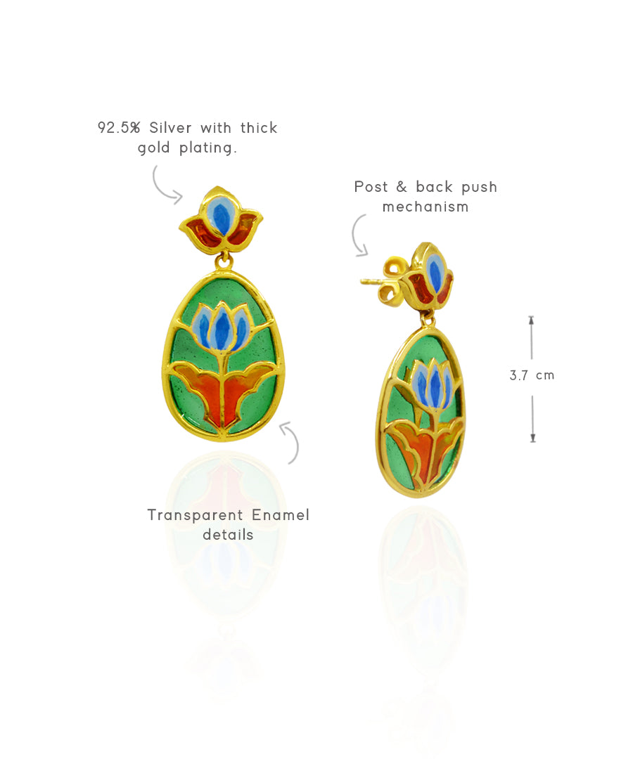 Aks Lotus Handmade Drop Earrings-Green and Orange Meenakari Flower Jewellery