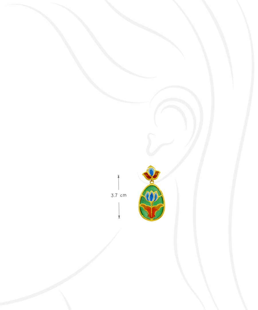 Aks Lotus Handmade Drop Earrings-Green and Orange Meenakari Flower Jewellery