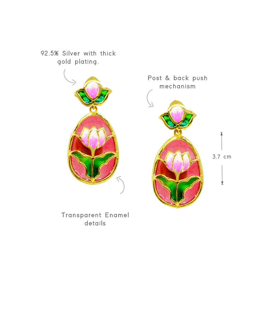Aks Lotus Handmade Drop Earrings- Pink and Green Meenakari Flower Jewellery