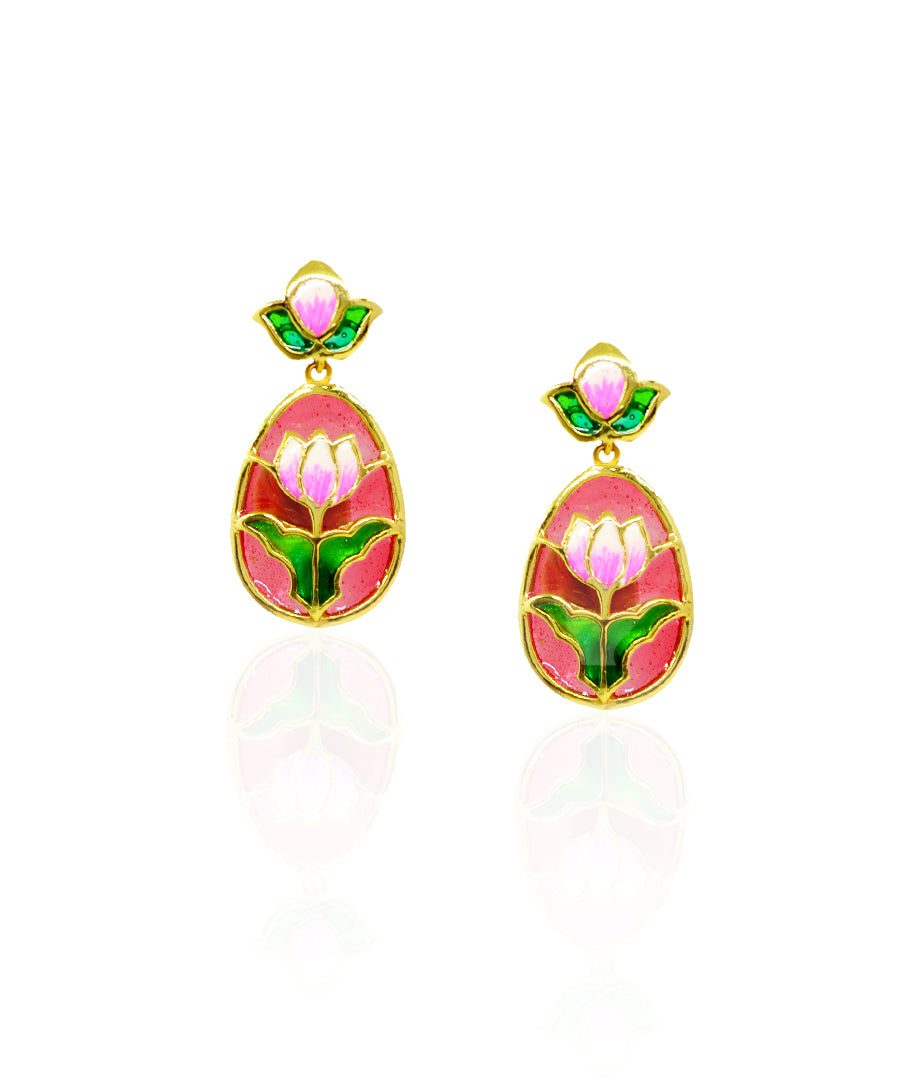 Aks Lotus Handmade Drop Earrings- Pink and Green Meenakari Flower Jewellery