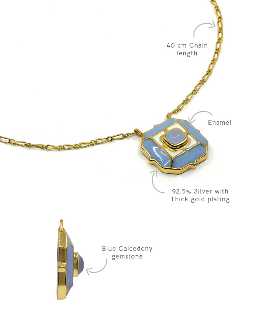 Gold plated blue calcedony gemstone elegant chain necklace by manner india.