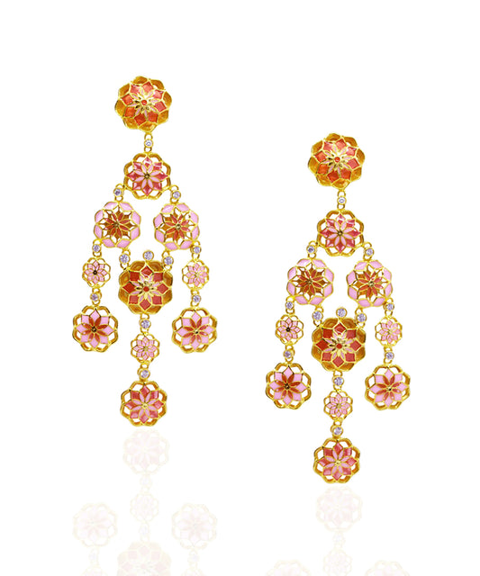 Gul Phool Earrings - Pastel Pink and Orange Enamel -Light Weight - Statement Flower Jewelry