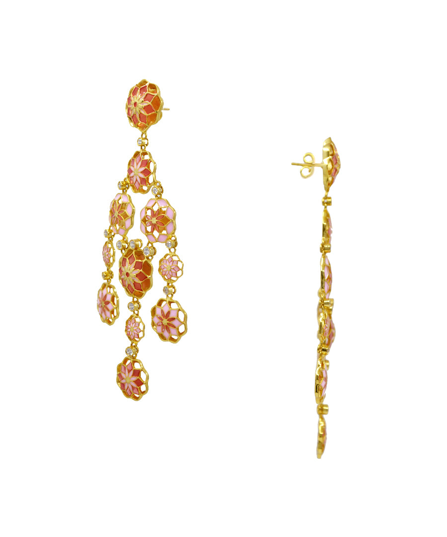 Gul Phool Earrings - Pastel Pink and Orange Enamel -Light Weight - Statement Flower Jewelry