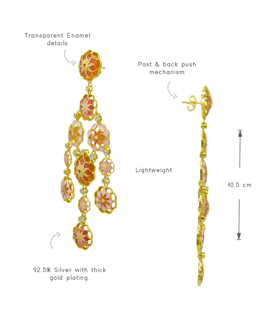 Gul Phool Earrings - Pastel Pink and Orange Enamel -Light Weight - Statement Flower Jewelry