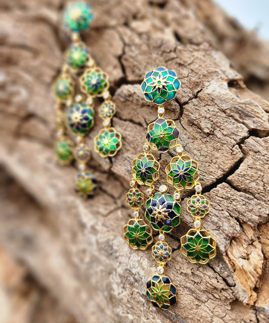Gul Phool Earrings - Emerald Green and Blue Enamel -Light Weight - Statement Flower Jewelry