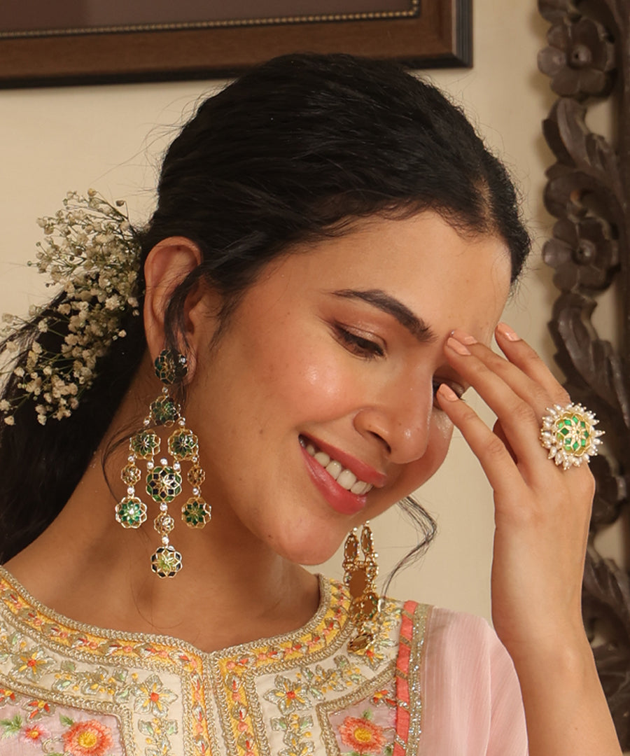 Green Gul Phool Earrings