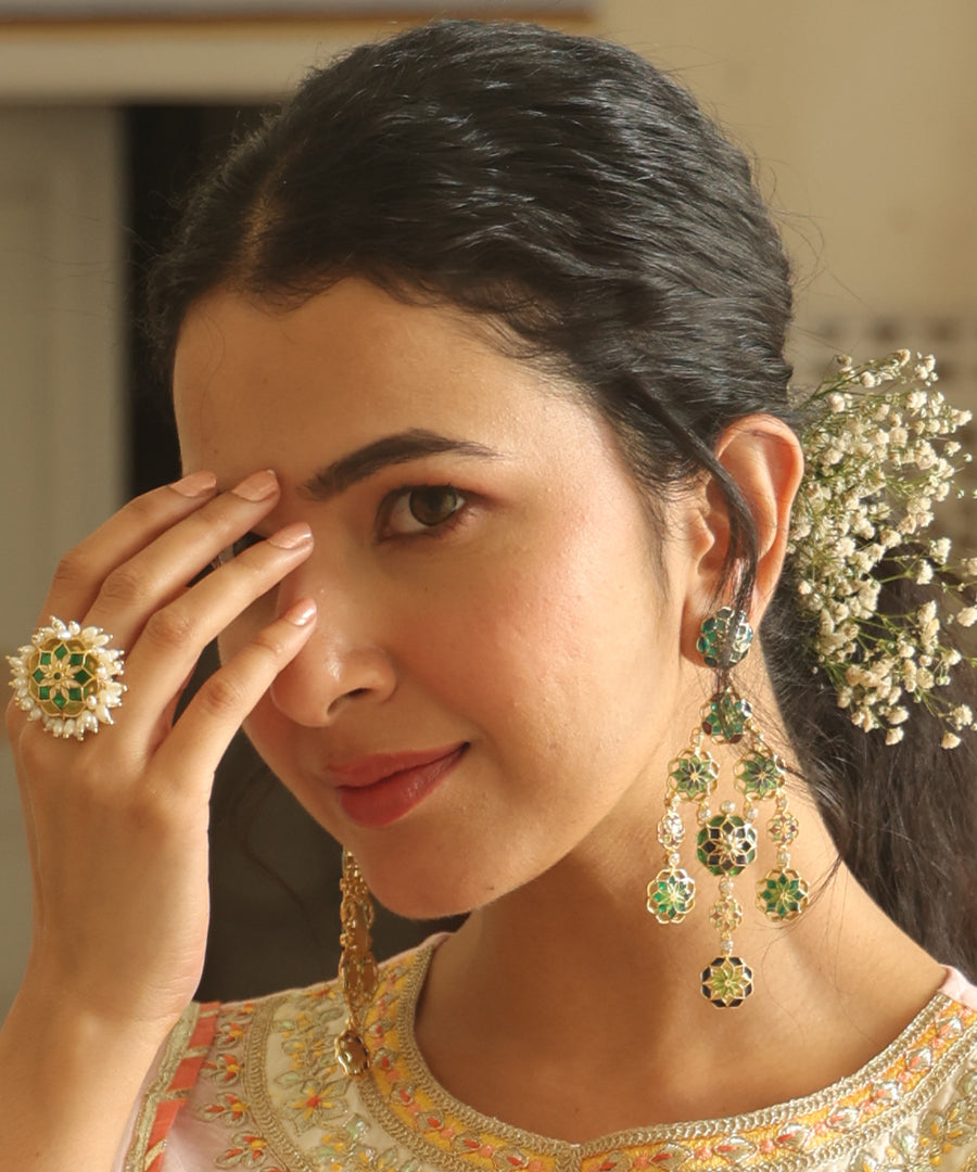 Green Gul Phool Earrings