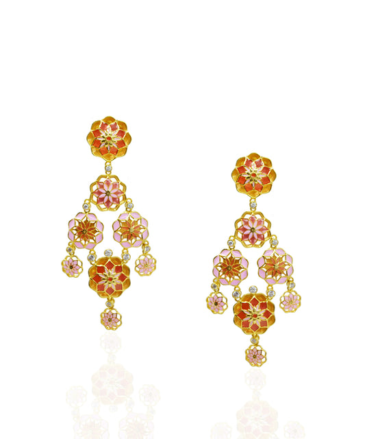 Gul Phool Earrings Small - Pastel Pink and Orange Enamel -Light Weight - Statement Flower Jewelry
