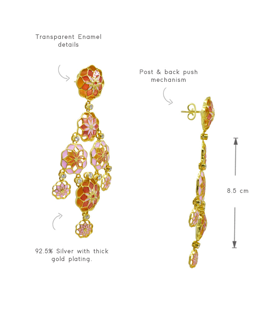 Gul Phool Earrings Dainty - Pastel Pink and Orange Enamel -Light Weight - Statement Flower Jewelry