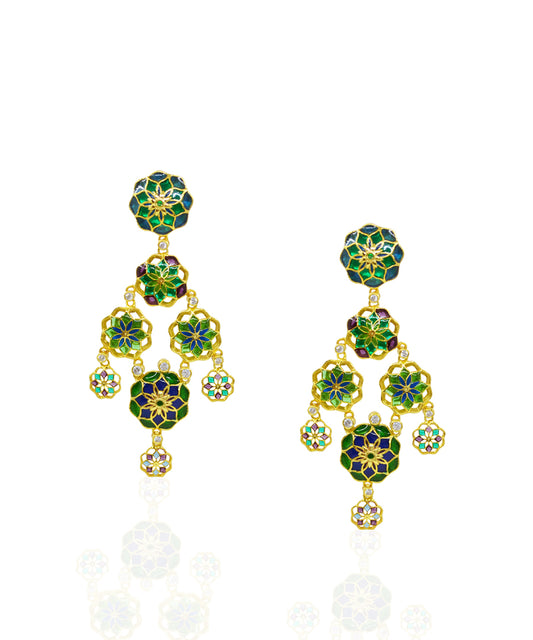 Gul Phool Earrings Small - Green and Blue Enamel -Light Weight - Statement Flower Jewelry