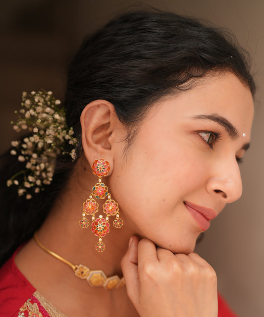 Gul Phool Earrings Small - Pink and Orange Enamel -Light Weight - Statement Flower Jewelry