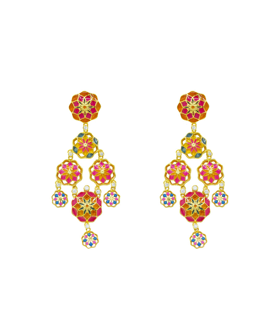 Gul Phool Earrings Small - Pink and Orange Enamel -Light Weight - Statement Flower Jewelry