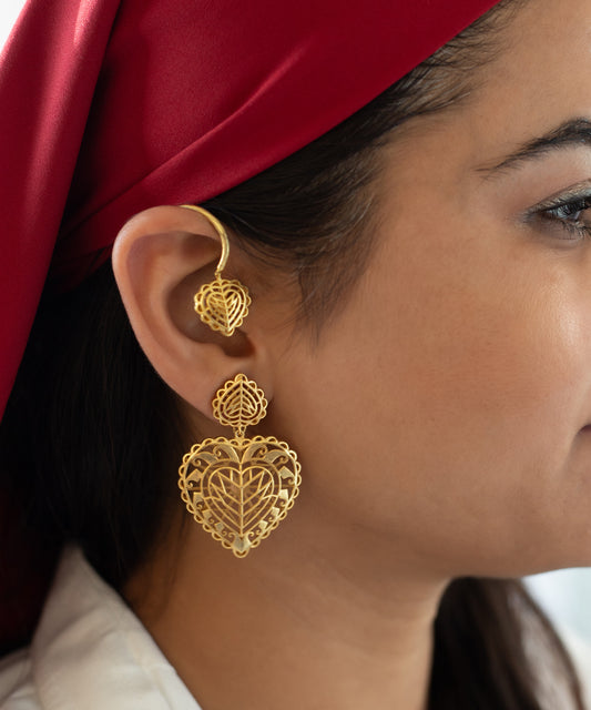 Rakaan Big Heart Drop Earrings With Detachable Ear Cuff – Gold Plated - Sterling Silver