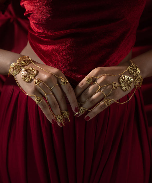 Rakaan - Hathphool Bracelet - Boho Statement Jewellery - Gold Plated - Heart Motif - Four Finger Hand Harness