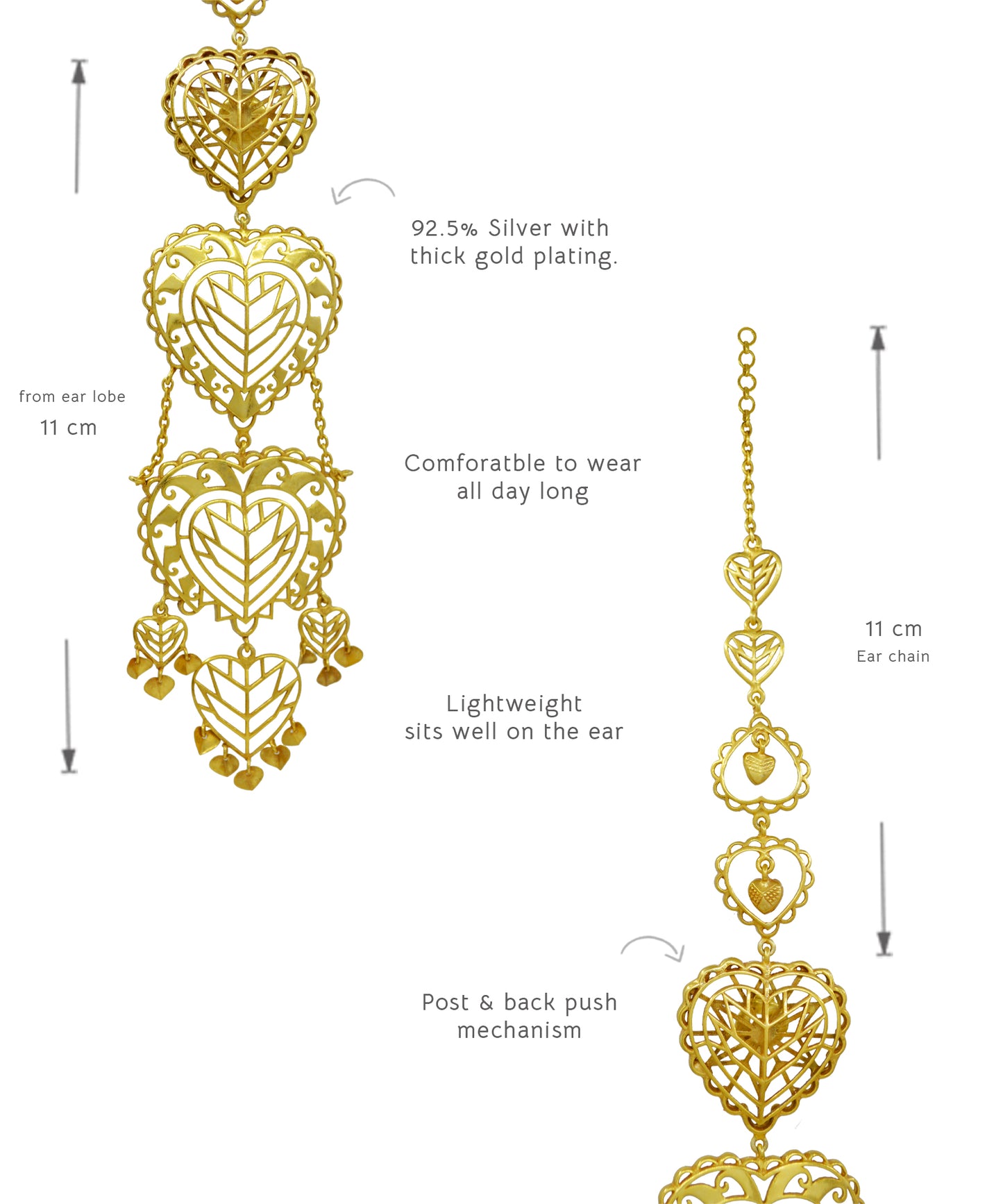 Rakaan Oversized Heart Earrings – Boho Statement Jewelry - Light Weight with Ear Chain - Gold Fini