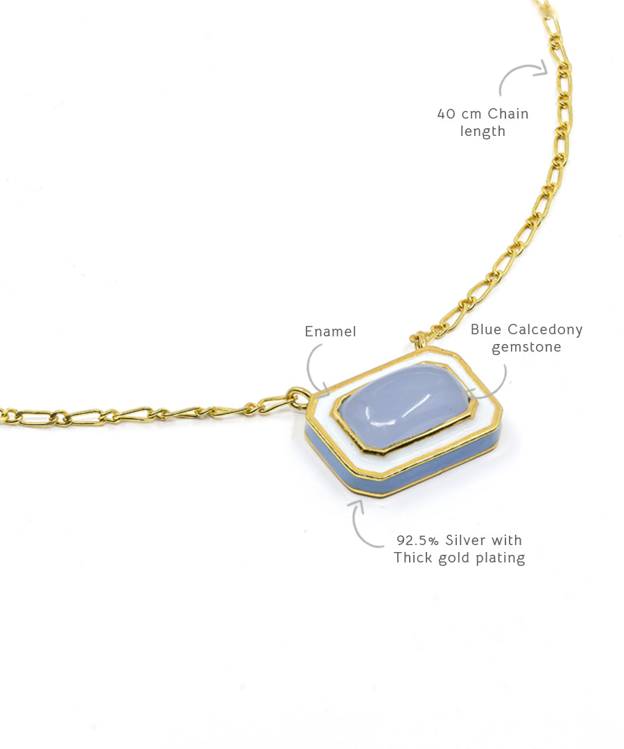 Long chain necklace with blue calcedony natural gemstone in 925 silver with gold plating.