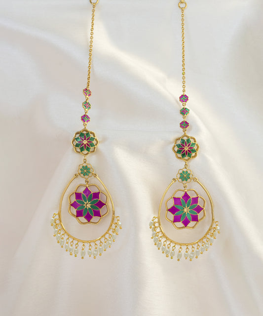 Gul Roja Chandbali Earrings - Hot Pink and Emerald Green - Meenakari Enamel with Pearls