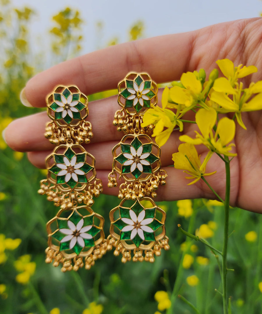 Green long earrings. Silver earring with gold plating.