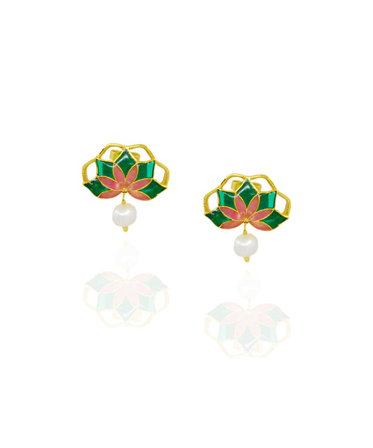 Gul Stud Earrings with Pearl - Emerald Green and Pink Meenakari Enamel