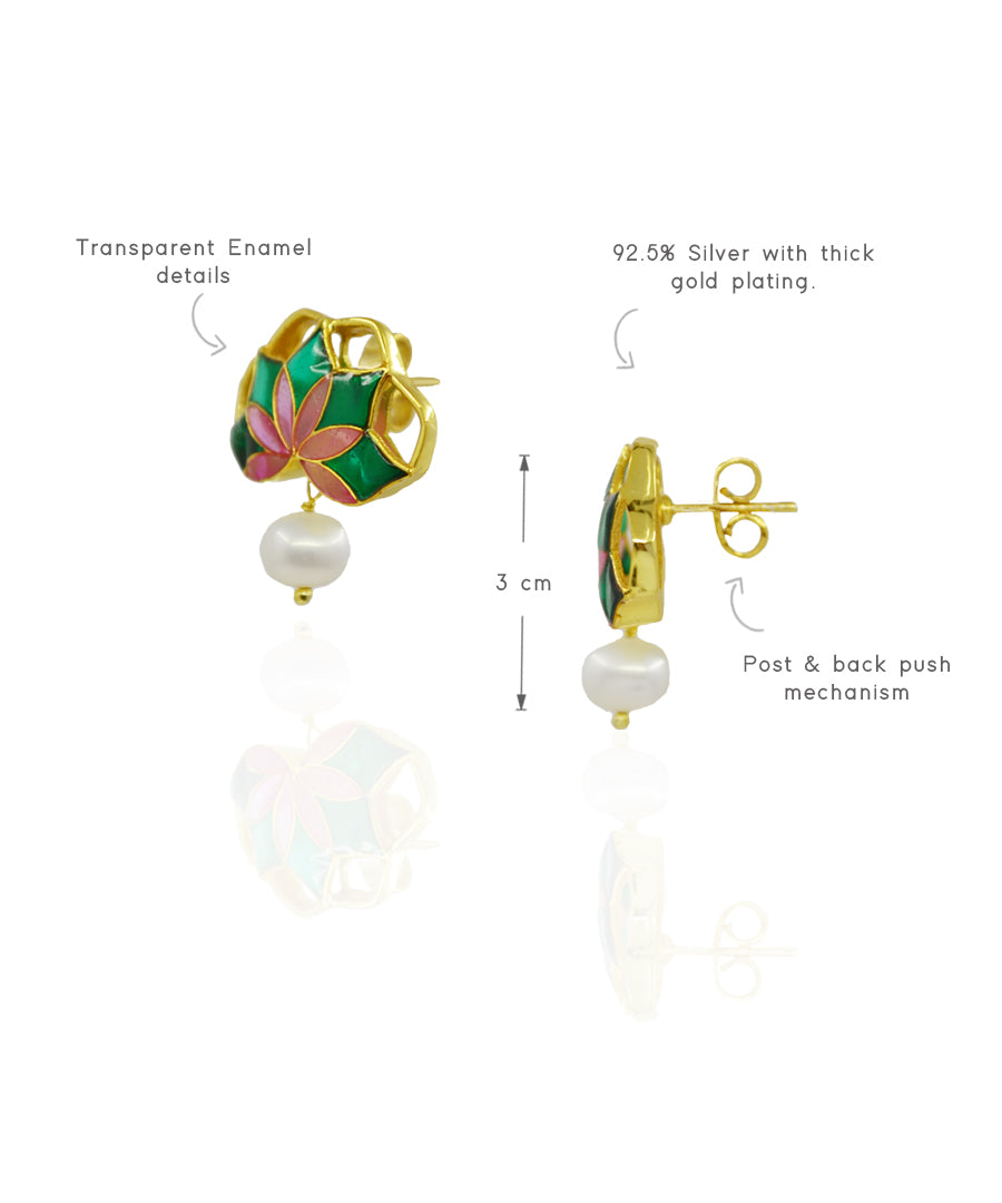 Gul Stud Earrings with Pearl - Emerald Green and Pink Meenakari Enamel