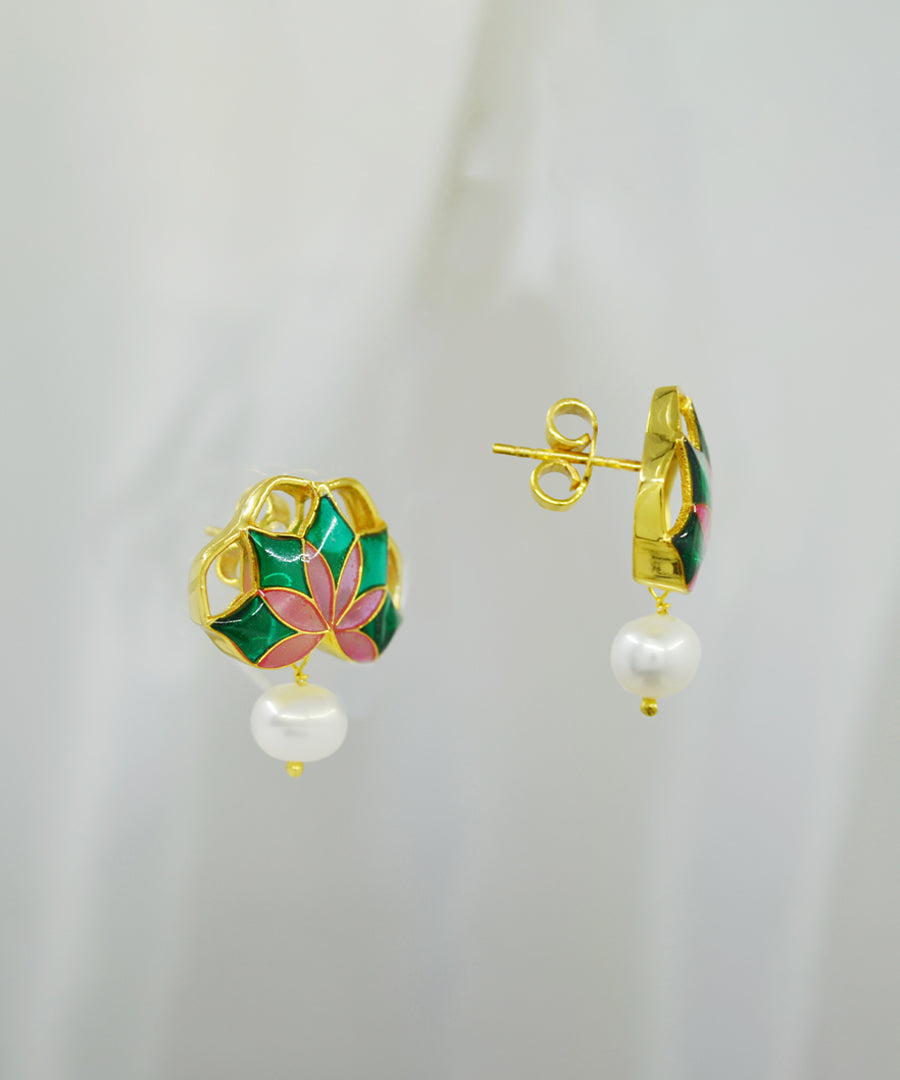 Gul Stud Earrings with Pearl - Emerald Green and Pink Meenakari Enamel
