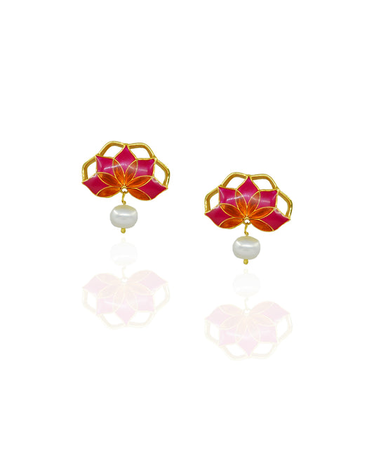 Gul Stud Earrings with Pearl - Hot Pink and Orange Meenakari Enamel
