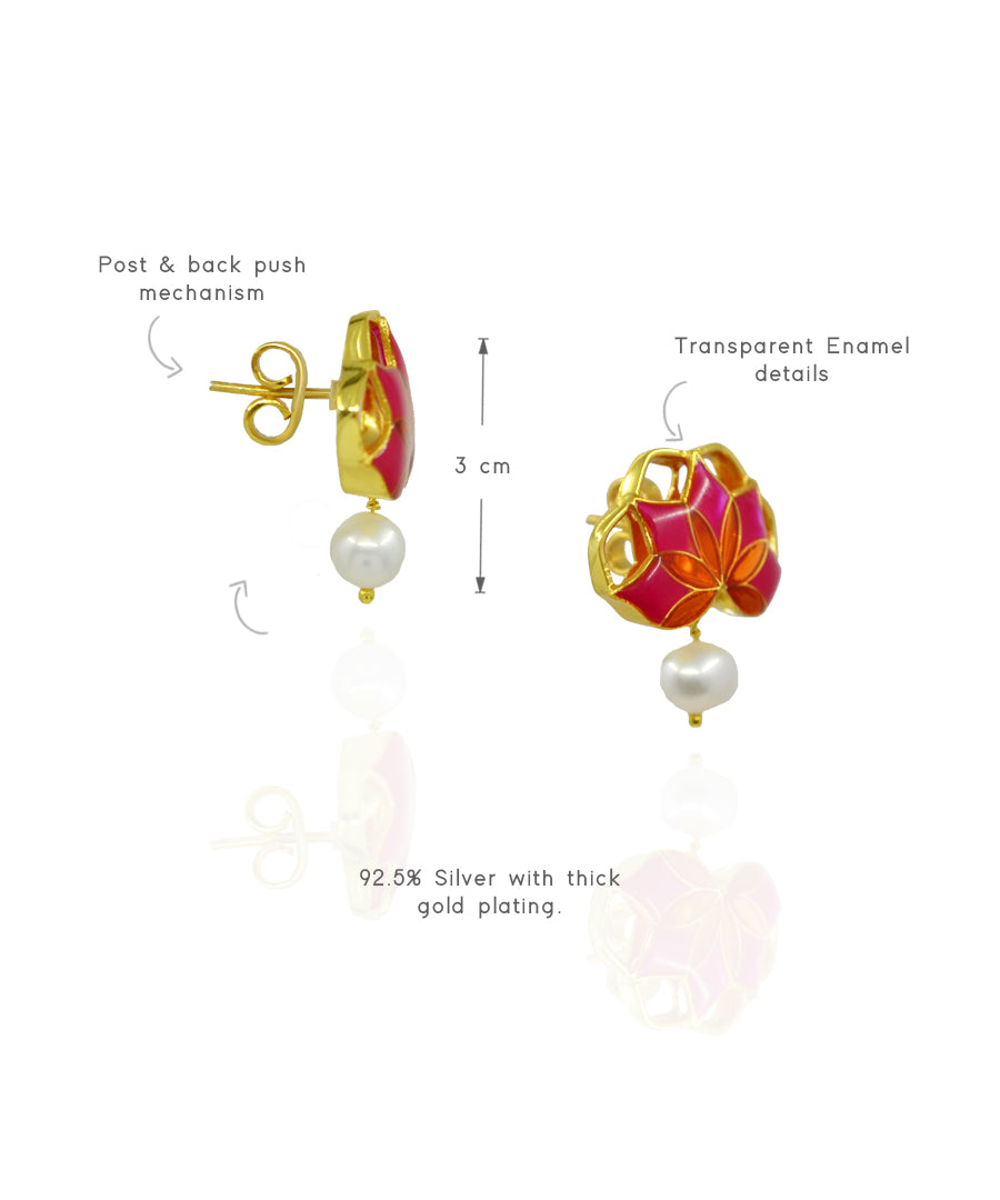 Gul Stud Earrings with Pearl - Hot Pink and Orange Meenakari Enamel