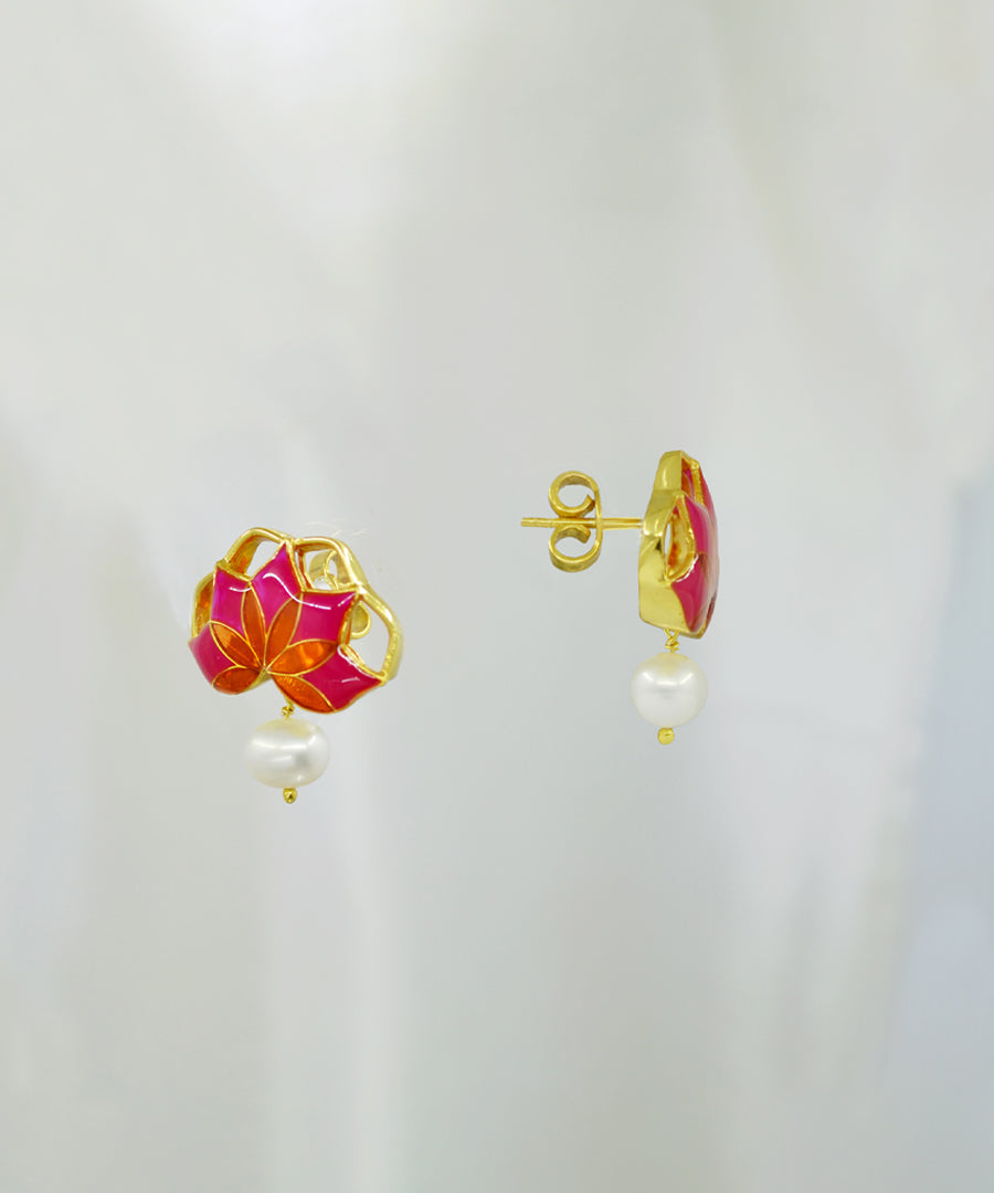 Gul Stud Earrings with Pearl - Hot Pink and Orange Meenakari Enamel