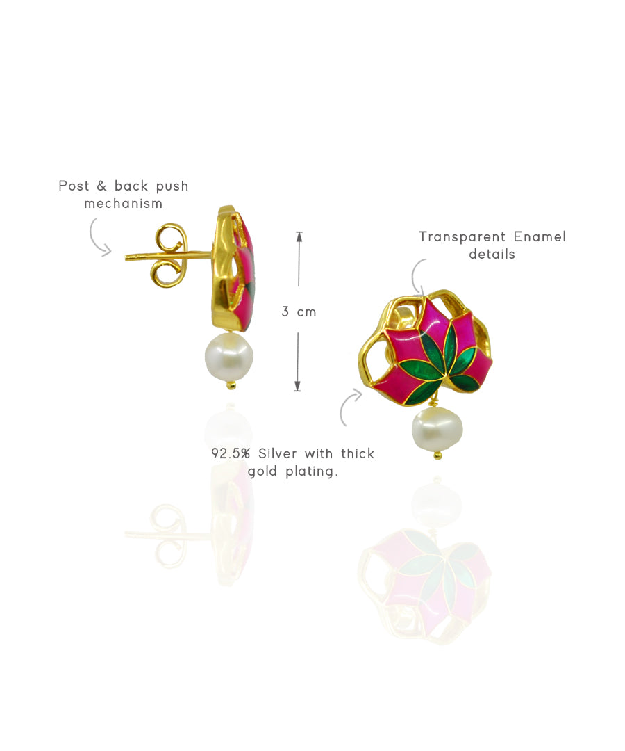 Gul Stud Earrings with Pearl - Hot Pink and Green Meenakari Enamel