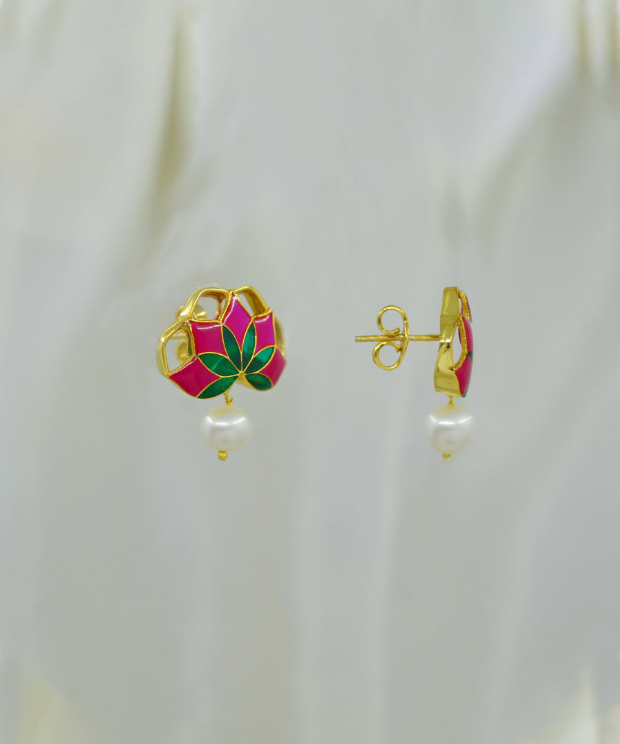 Gul Stud Earrings with Pearl - Hot Pink and Green Meenakari Enamel