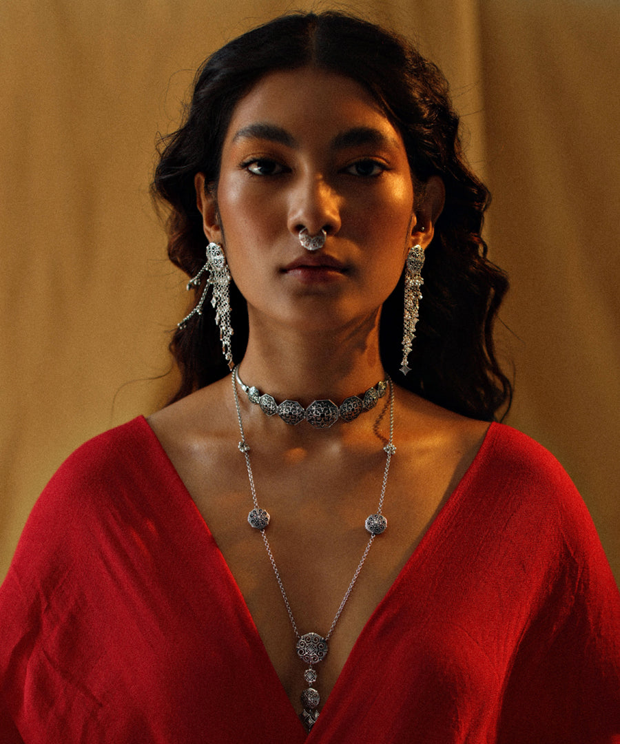 Silver oxidised choker with long necklace.