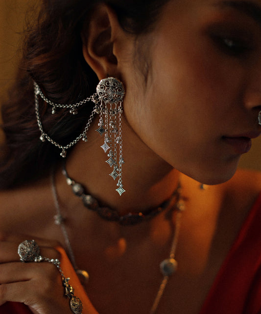 Silver Thar Dhora Bhujali Earrings - Detachable Chain Earrings