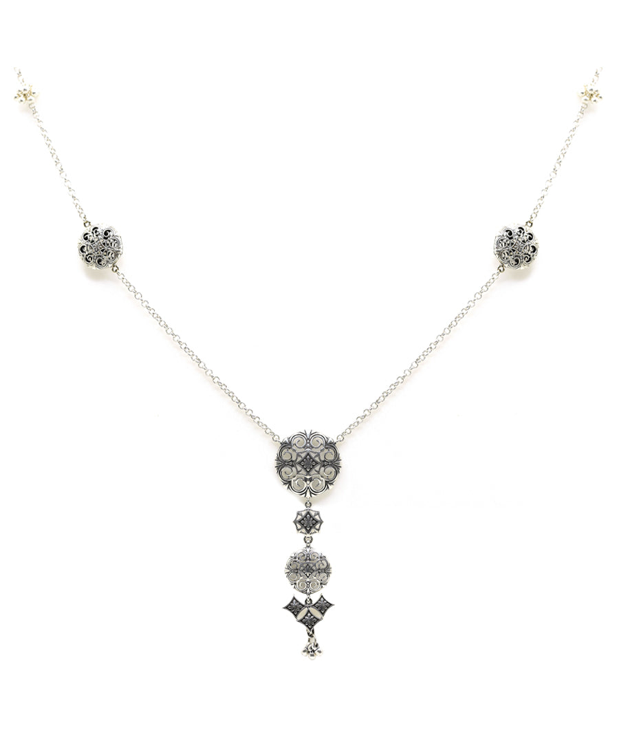 Silver long necklace with oxidised finish.