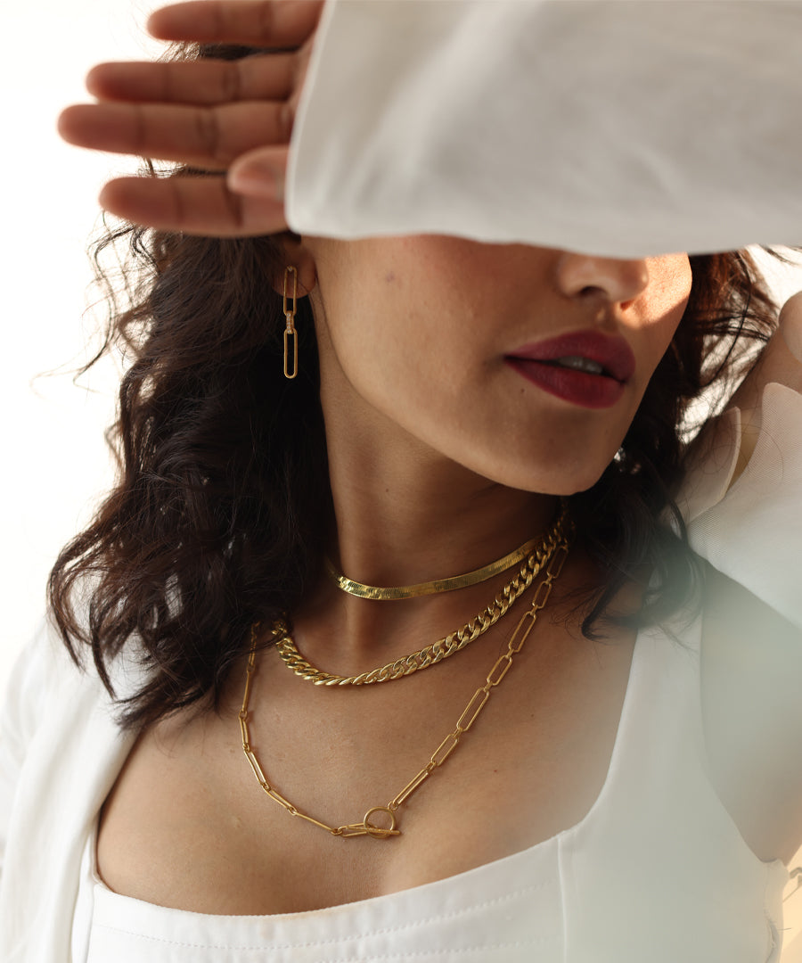 Golden paperclip handmade necklace set with paperclip earrings. Silver with thick gold plating.