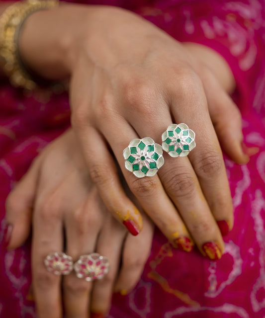 Gul Silver Green Askim Ring – Meenakari Cocktail Adjustable Ring