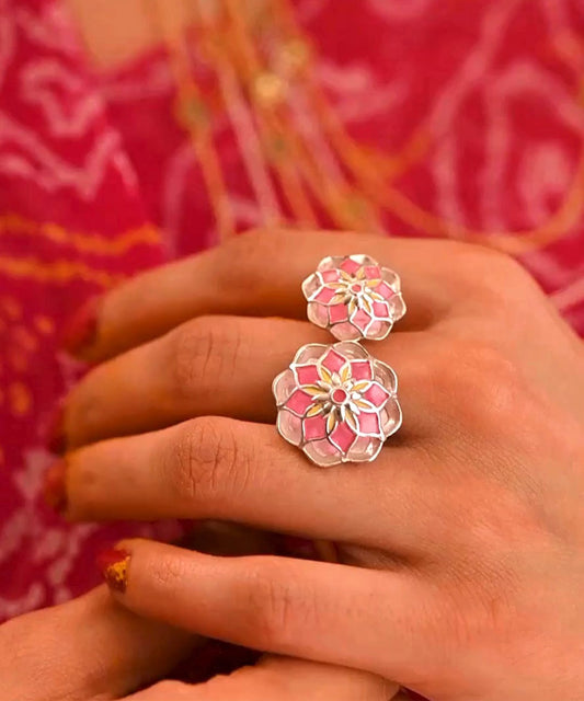 Gul Silver Pink Askim Ring – Meenakari Cocktail Adjustable Ring