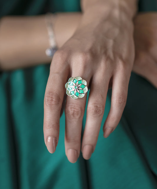 Gul Silver Green Azizi Ring – Meenakari Cocktail Adjustable Ring