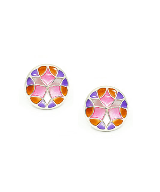 A pair of pink stud earrings. Tarnish free rust pink earrings from Kaleidoscope collection by Manner India.