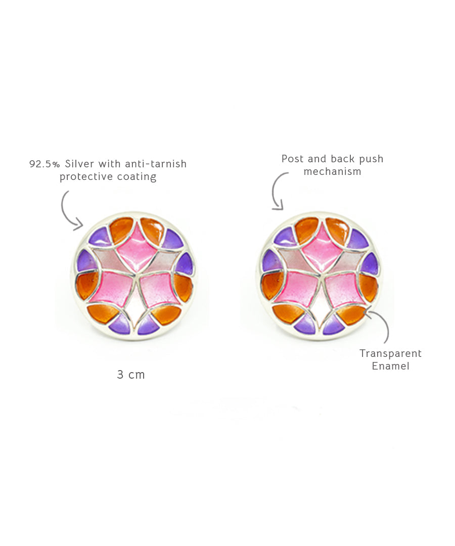 Detailed specifications of purple orange pink stud earrings.  92.5% sterling silver earrings from kaleidoscope collection by Manner India.