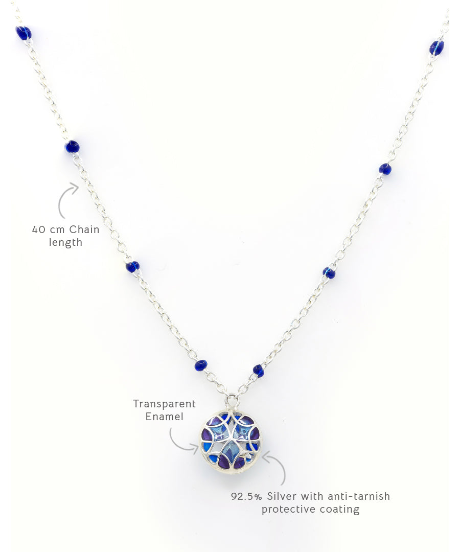 Detailed specifications of blue charm chain necklace crafted in 925 silver with anti-tarnish protective coating.