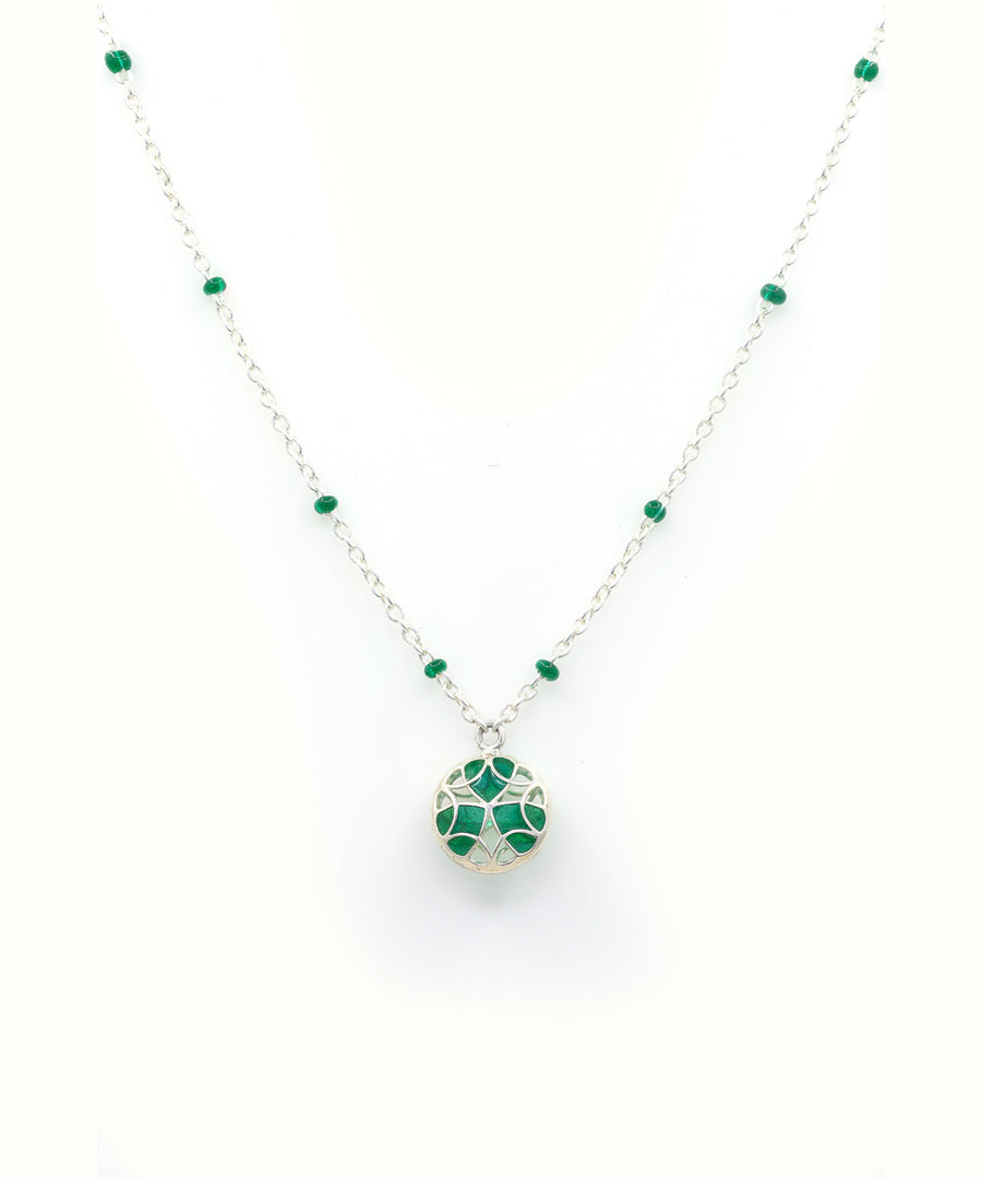 Rama green chain necklace with green charm handmade and has transparent enamel work.