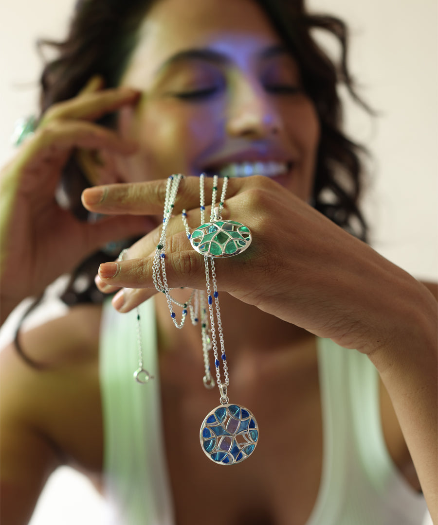 Long chain necklace with meenakari work.