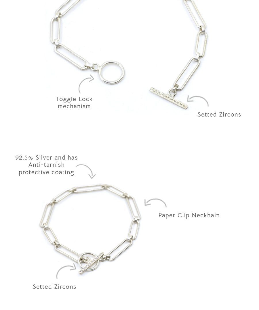 silver necklace comes with toggle lock mechanism. Adds little details of zircons along the border.
