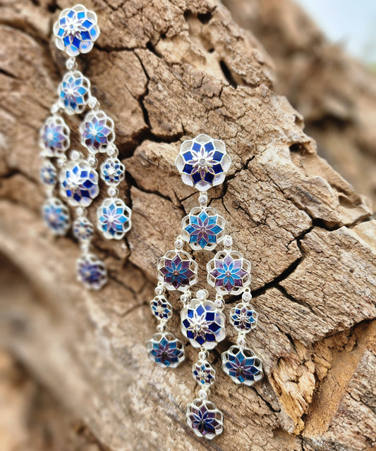 Gul Phool Earrings - Blue Enamel - Silver-Light Weight - Statement Flower Jewelry