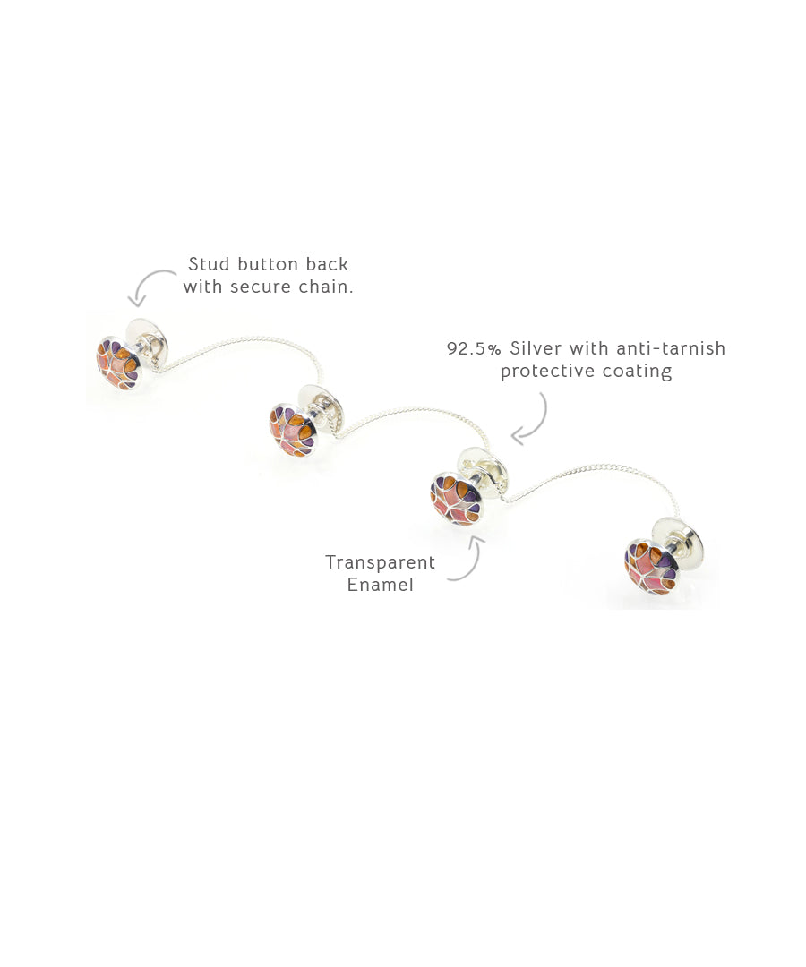 92.5% sterling silver buttons with anti-tarnish protective coating.