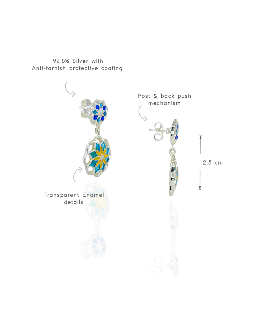 Gul Small Dainty 2 Charm Earrings - Blue Enamel - Silver-Light Weight - Statement Flower Jewelry