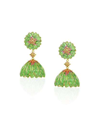 Green Bloom Lotus Jhumki Earrings - Flower Delicate Statement Jewellery - In Gold finish
