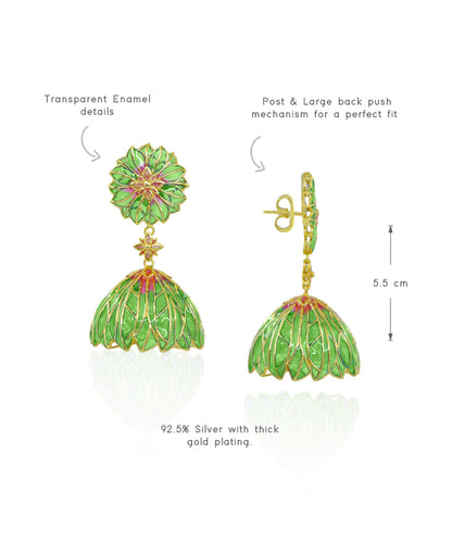 Green Bloom Lotus Jhumki Earrings - Flower Delicate Statement Jewellery - In Gold finish