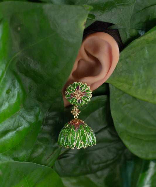 Green Bloom Lotus Jhumki Earrings - Flower Delicate Statement Jewellery - In Gold finish